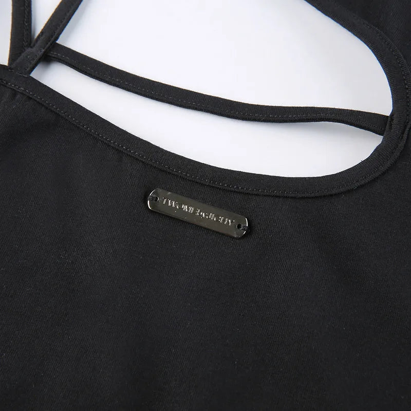Women Hollow Out Black Y2K Tees Sleeveless Skinny Tops Cool Punk T-shirts Techwear 2024 Spring Summer New Sexy Crop Top