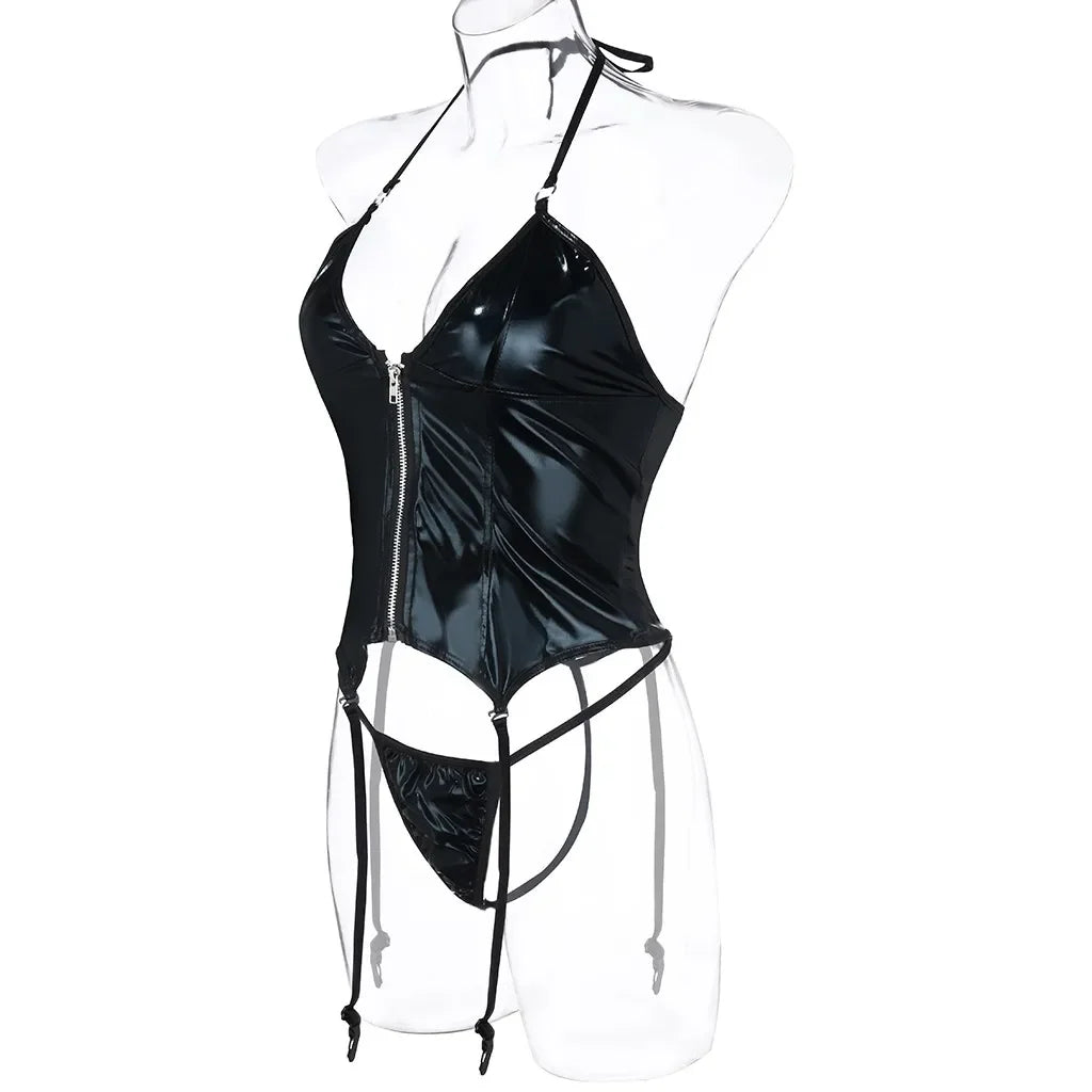 Erotic PU Leather Crotchless Halter Bodysuit & Garter Lingerie Set