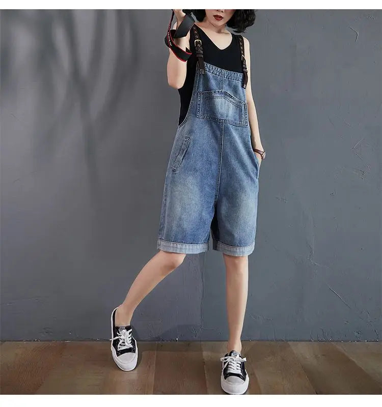 Cowboy Overalls Women's Jumpsuit Shorts 2025 Summer New Student Korean version Loose Denim Wide leg one-piece Suspender Shorts