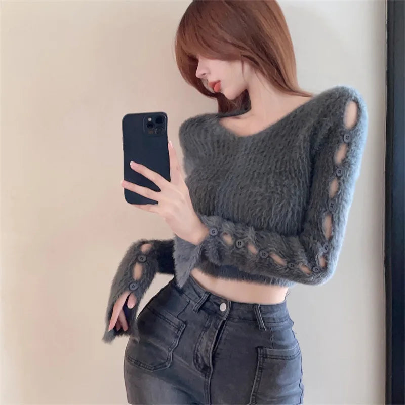 Sexy ort Knitted Sweater Women's Spring Autumn Soft Cozy Design Hole Knitwear Pure Desire Versatile Base Layer ort Top