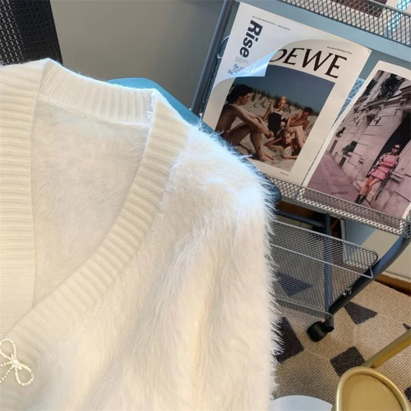 2026 Spring Autumn Women's Sweater Cardigan Jacket New Loose V-neck Imitation Mink Fur Sweater Jacket Female Knitted Tops Coat