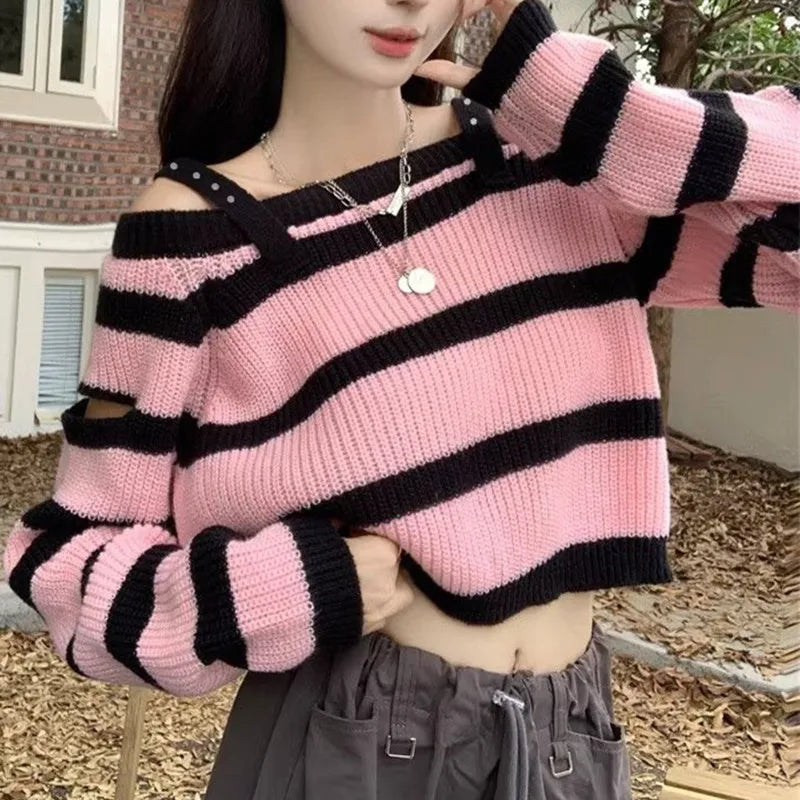 Sweet And Spicy Women's Knitted Top Long Sve Striped Color Blo Contrast Design Autumn Faion Trend High-End Feeling