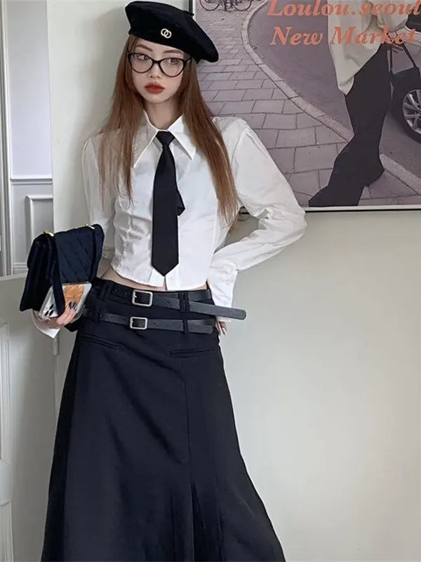 Women's Early Spring Short Sleeve Long Shirt Hong Kong Style Loose Fit Versatile Slimming Design Trendy Top Casual Shirt