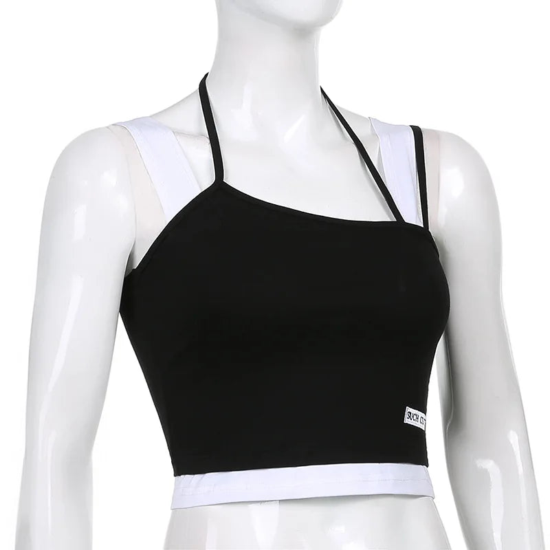 Women Hollow Out Black Y2K Tees Sleeveless Skinny Tops Cool Punk T-shirts Techwear 2024 Spring Summer New Sexy Crop Top