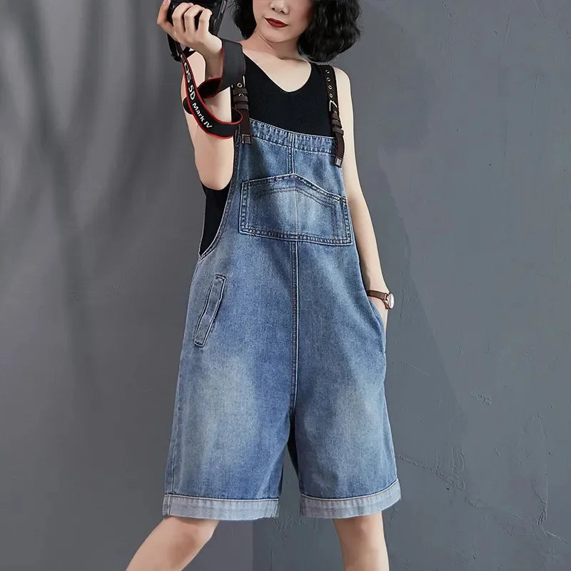 Cowboy Overalls Women's Jumpsuit Shorts 2025 Summer New Student Korean version Loose Denim Wide leg one-piece Suspender Shorts