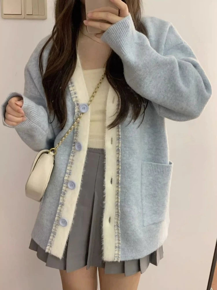 2025 Streetwear Patchwork Grunge Cardigan Women Single Breasted Loose Sweaters Knitted Y2k Aesthetic Contrast Color Pocket Coats
