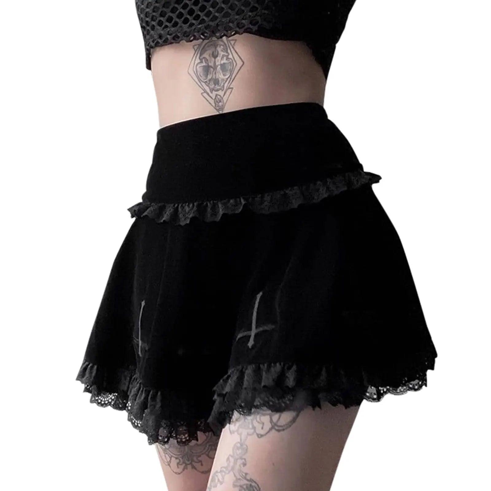 2024  Punk Cross Pattern Mini Skirt Y2K Grunge Gothic Black Lace High Waist Pleated A-line Skirt Vintage Women E-girl Clothes