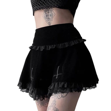 Y2K Grunge Lace Mini Skirt - High Waist Pleated A-Line