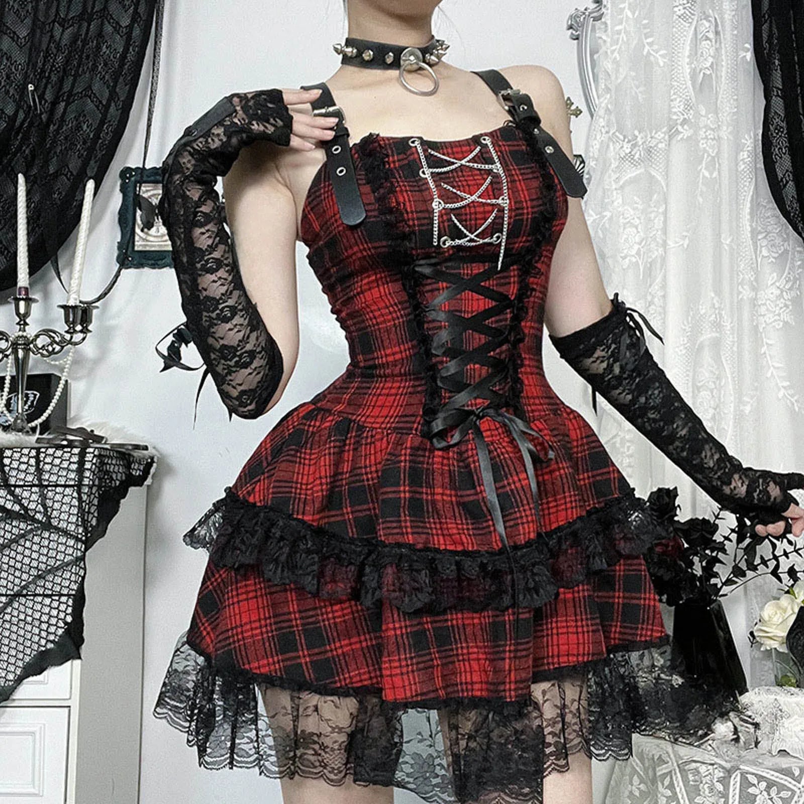 Y2K Gothic Plaid Lace Party Dress | Women's Halloween Style