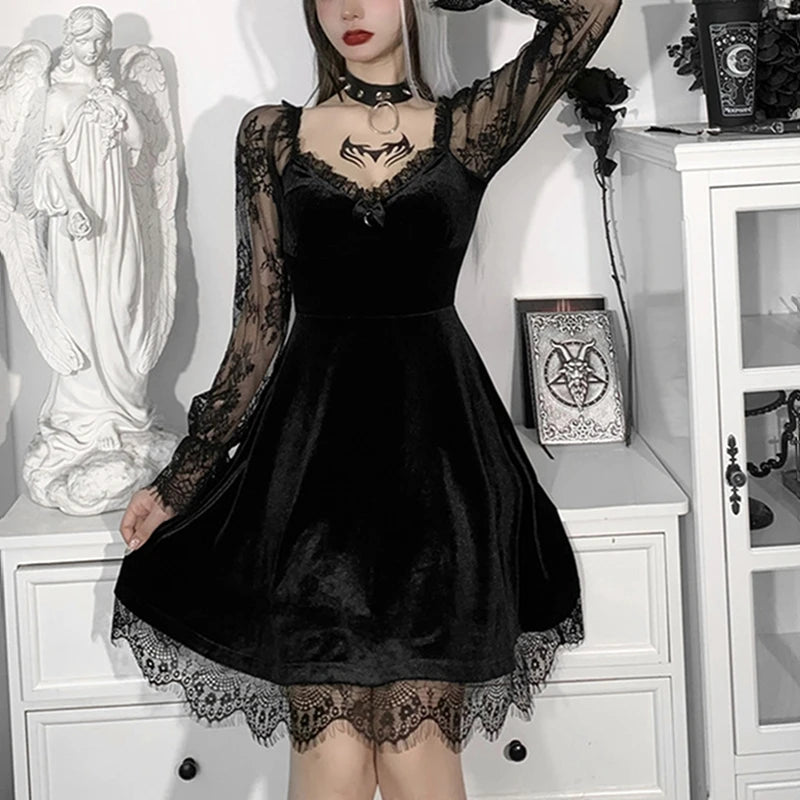Dark Gothic Lace Mini Dress - Flare Sleeve V-Neck