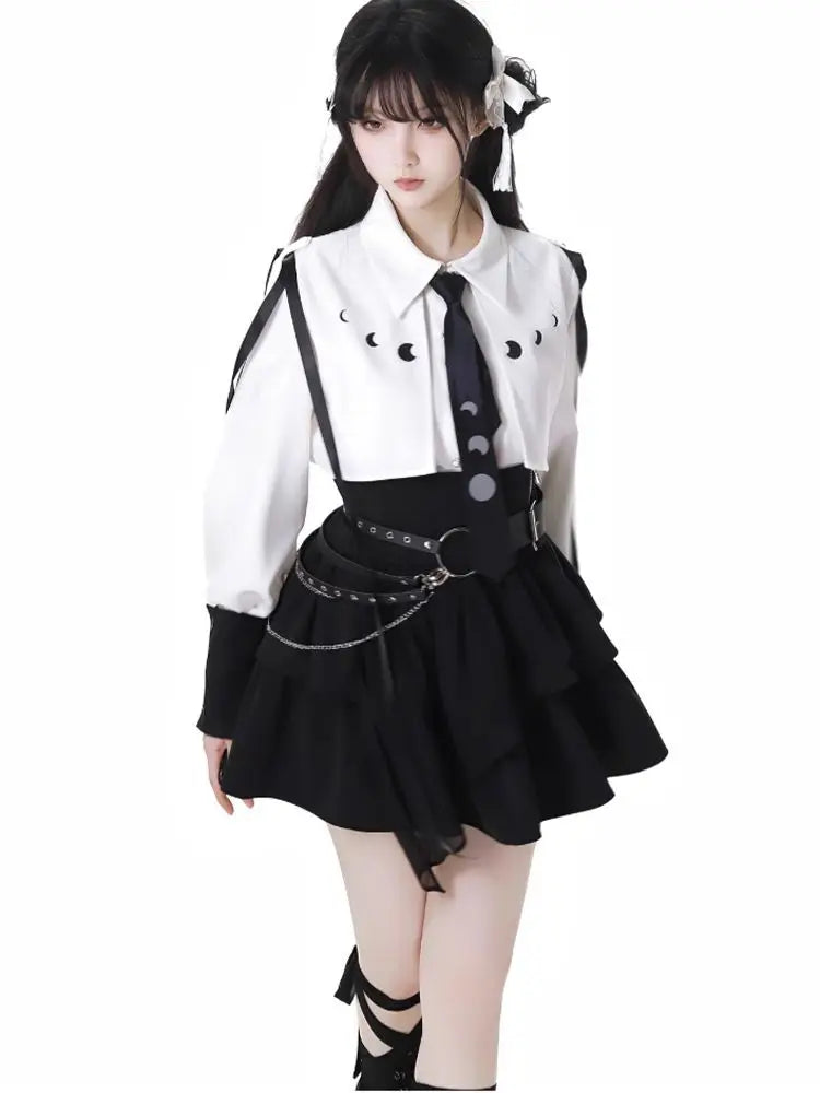 Y2k 3-Piece Skirt Set: Long Sleeve Top, A-Line Skirt & Cummerbund