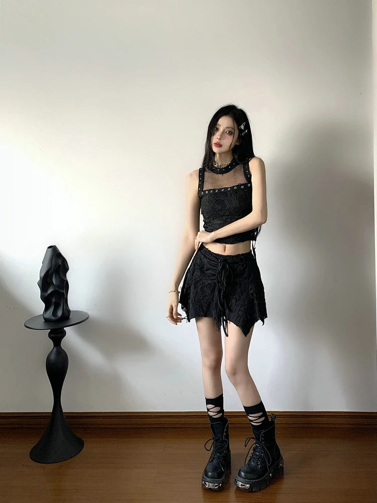 Gothic Y2k 2 Piece Set Hollow Out Lace Spliced Tank Crop Top Women Lace-up Waisted Irregular Mini Skirt 2025 Aesthetic Harajuku