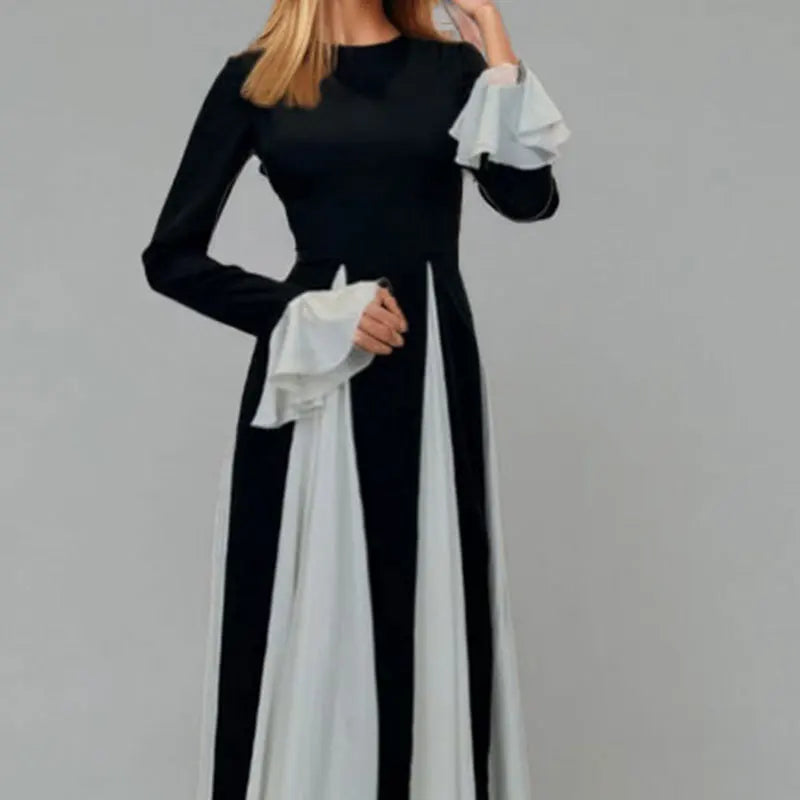 Elegant Color Block A-Line Knitted Bell Sleeve Dress