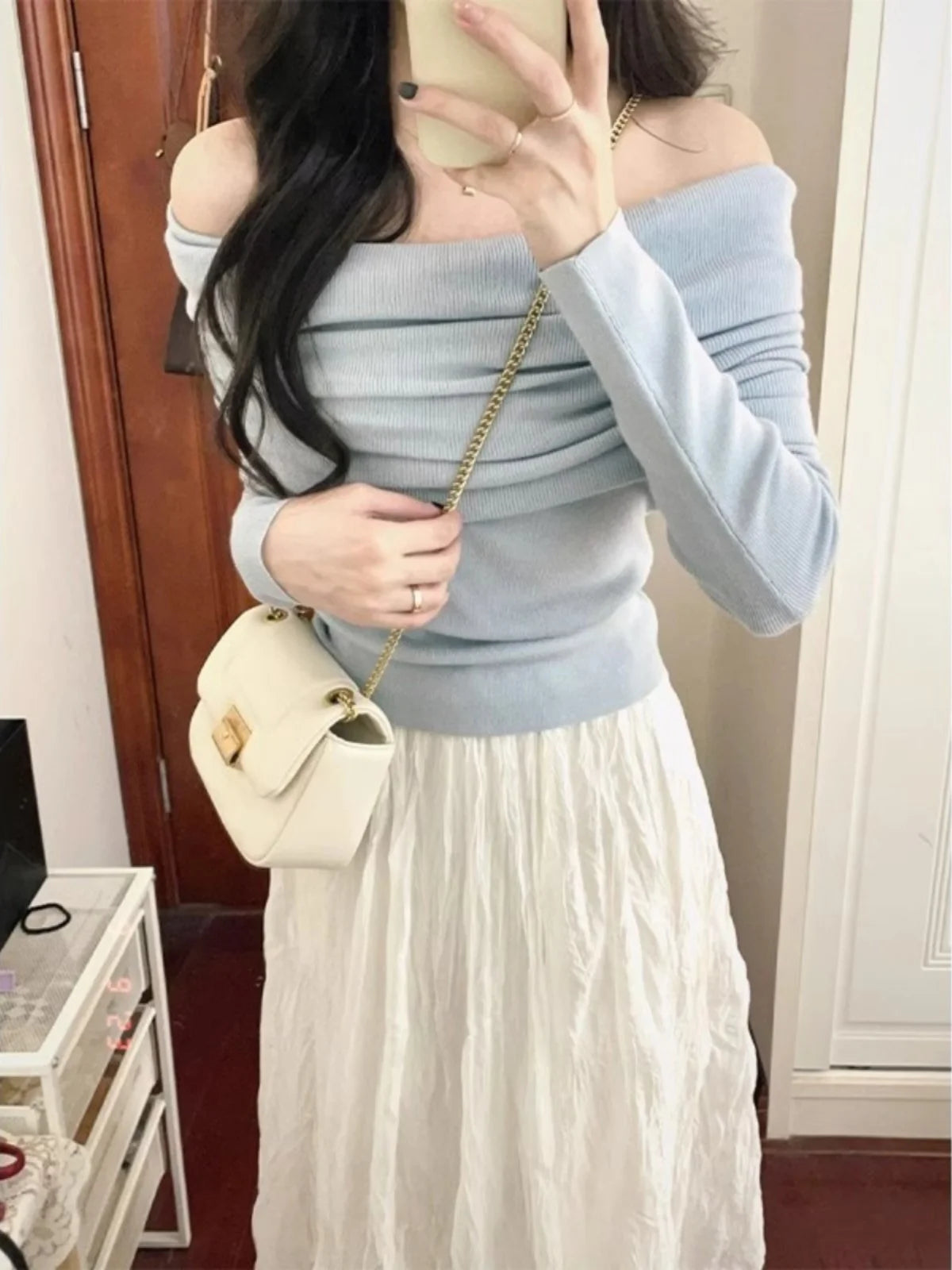Black Shoulder-Bared Long Sleeve Knitted Sweater Women's Autumn New Style Slim Fit Inner Wear Base Top Korean Style Commute F...