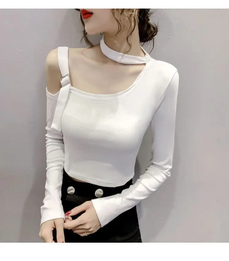 Chic Shoulder Bared Long Sleeve Base Shirt for Women Stylish Slim Fit Trendy Top Casual Loose Style Daily Wear Girl's Fashion