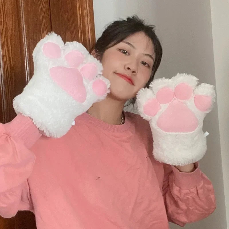 Cute Plush Cat Claw Gloves Large Size Women Halloween Christmas Party Cosplay Girls Winter Plush Fluffy Warm Full Finger Mitten
