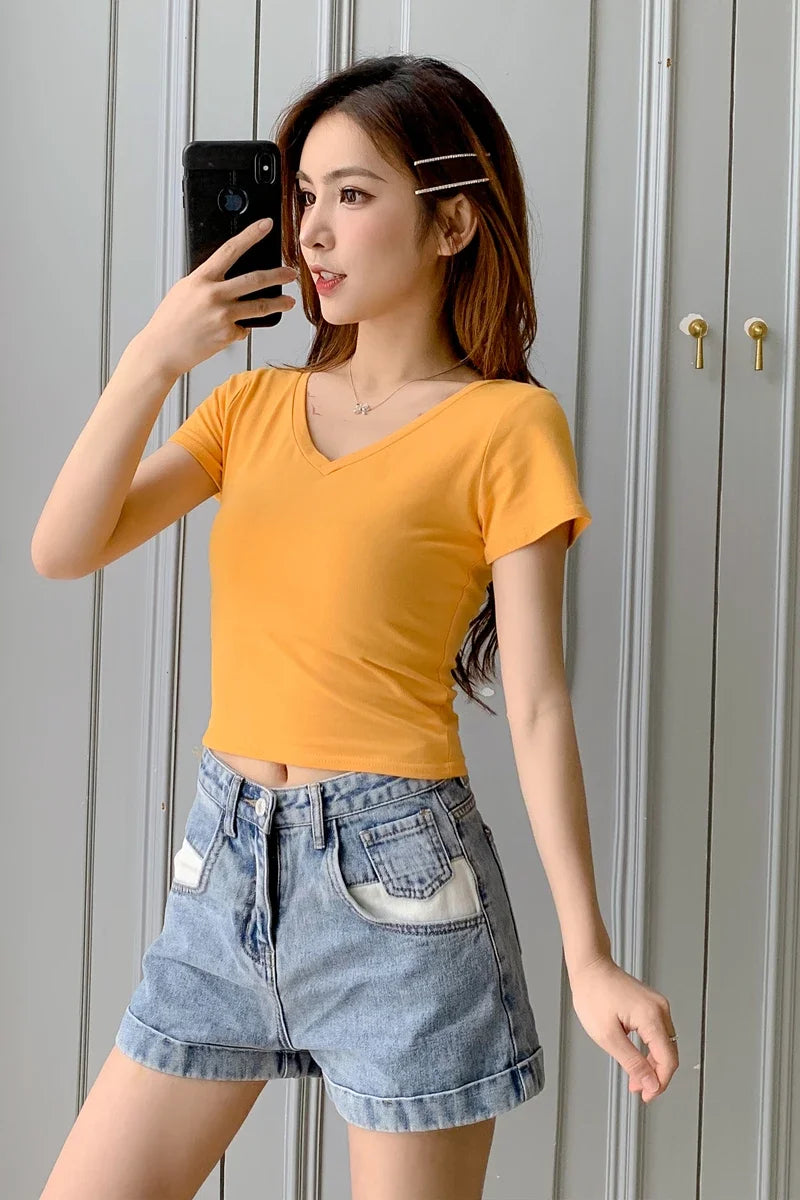 Summer Fashion Solid V Neck T Shirts Women Short Sleeve Sexy Crop Tops Ladies Casual Tees Top Tees Female Black Cotton T-Shirts