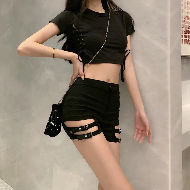 High-Waist Elastic Slimming A- Line Short Shorts Women's Belted Summer 2025 Fashion Trendy Polyester Hot Pants Casual Style
