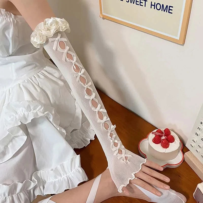 Women Thin Elastic Lace Mesh Bow Lolita Girl Cute Style Driving Glove Female Summer Sunscreen Anti-UV Wedding Dress Mitten