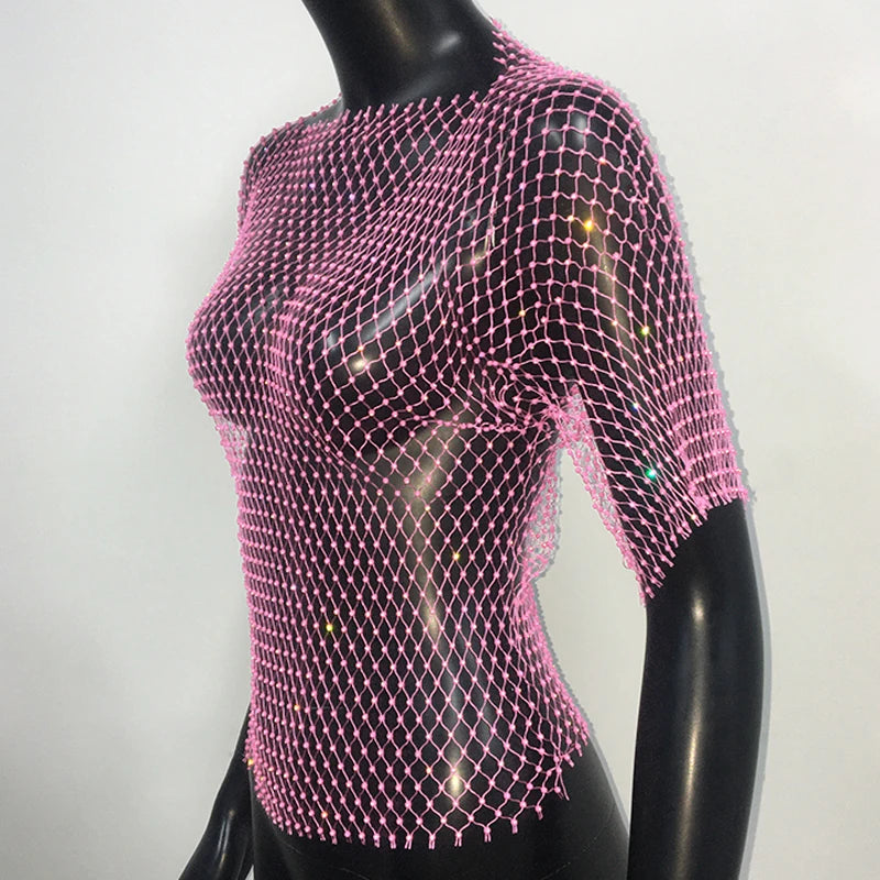 Sexy New Mesh Rhinestone Long Sleeve T Shirt Women Hollow See-through Fishnet Tops Summer Casual Shirt Party Club Women Clothing