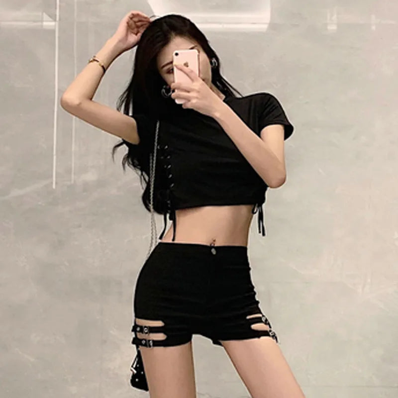 High-Waist Elastic Slimming A- Line Short Shorts Women's Belted Summer 2025 Fashion Trendy Polyester Hot Pants Casual Style