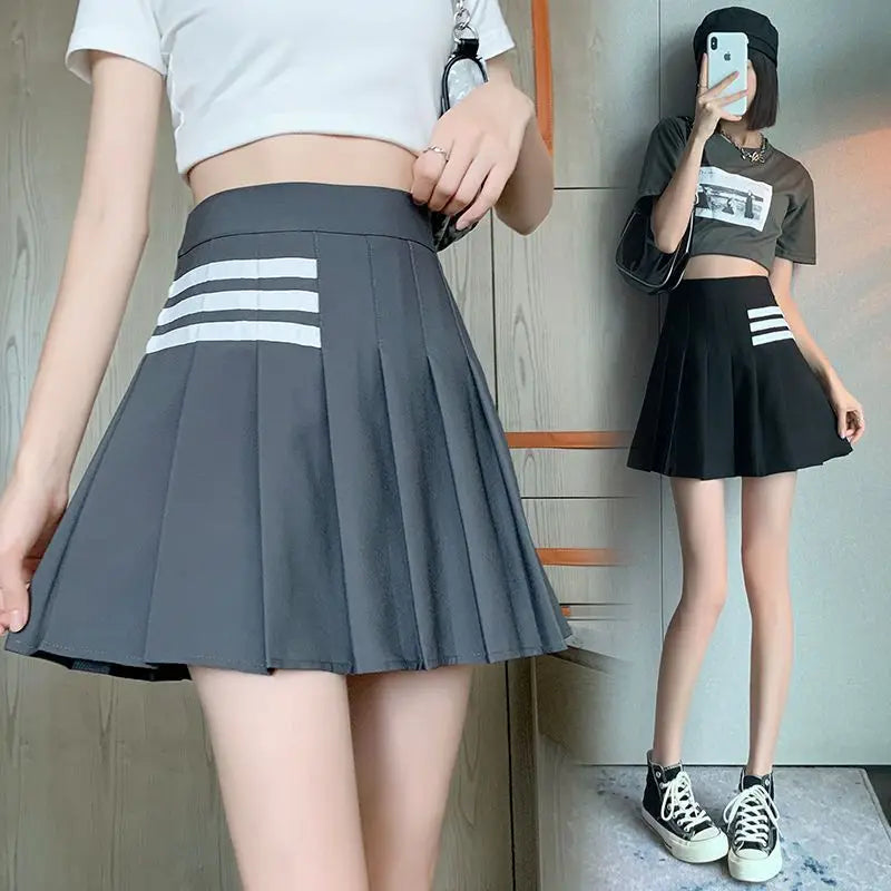 Preppy Style Women Kawaii Striped Pleated Skirts Korean Fashion Summer High Waisted With Lining Sweet Cutecore Mini A-line Skirt