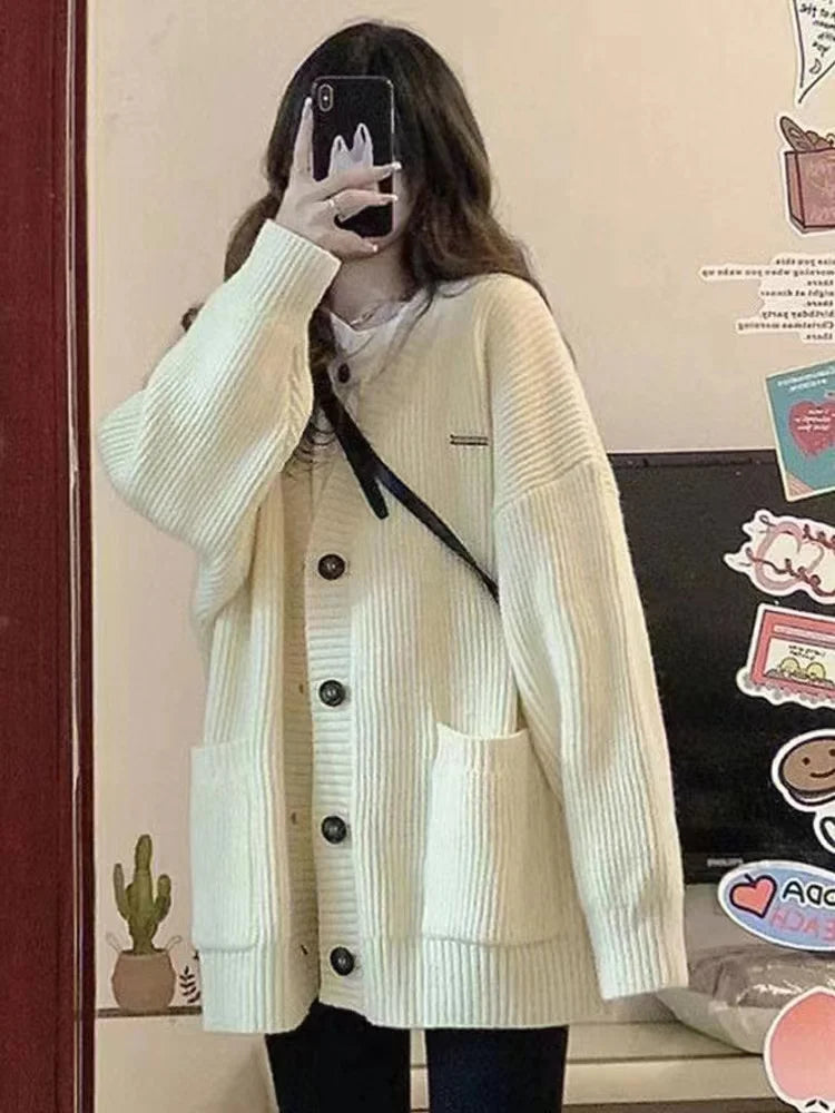 Gray Mid-Length Knitted Sweater Coat Women's Autumn Outerwear Japanese Lazy Vintage Milk System Soft Cozy Open Cardigan