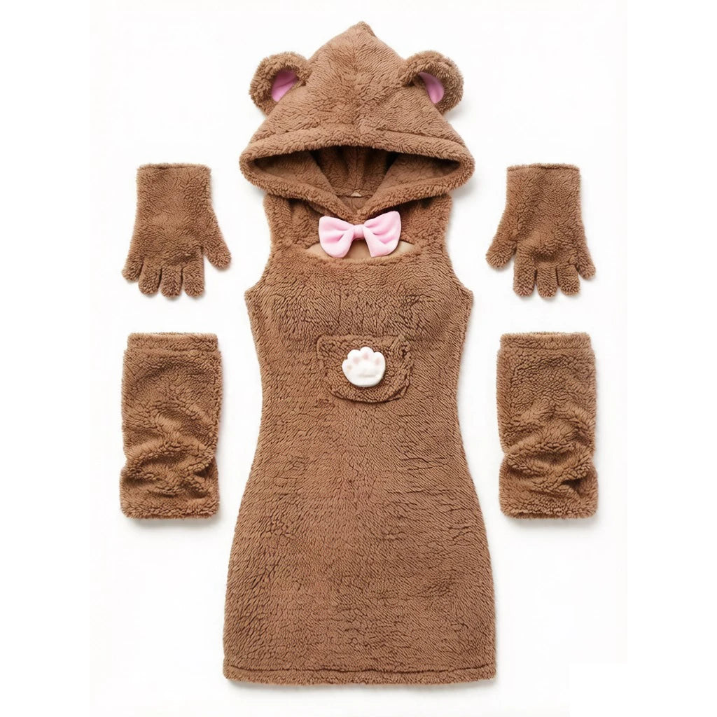 White Fluffy Bear Ear Sleep Dress | Cute Hooded Loungewear Set