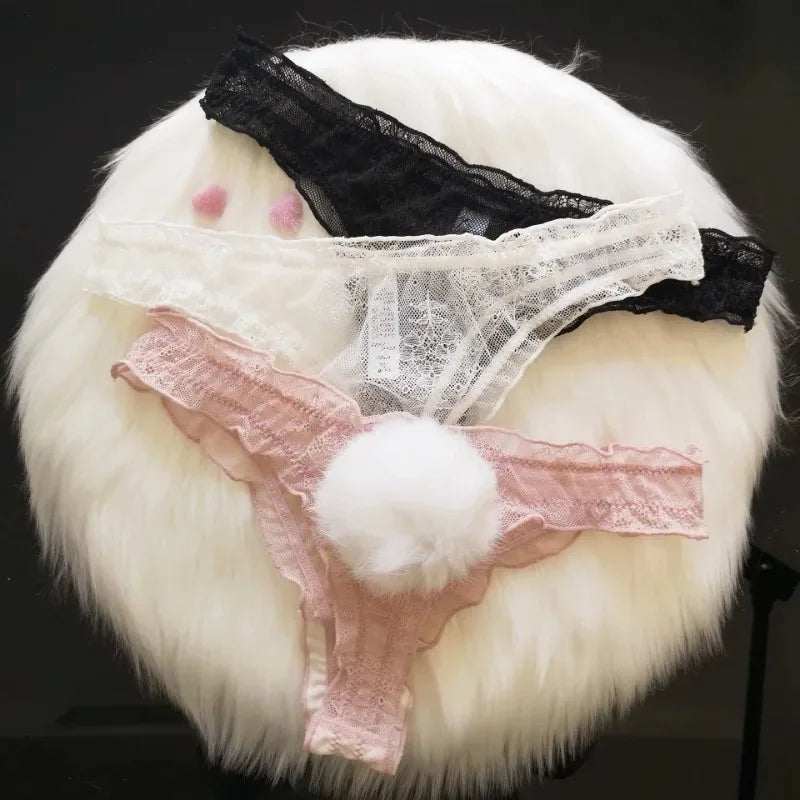 Lace Mesh Rabbit Tail Thongs | Sexy Low-Rise Lingerie