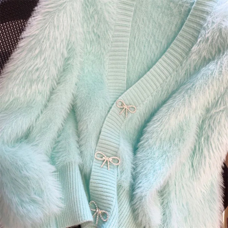 2026 Spring Autumn Women's Sweater Cardigan Jacket New Loose V-neck Imitation Mink Fur Sweater Jacket Female Knitted Tops Coat