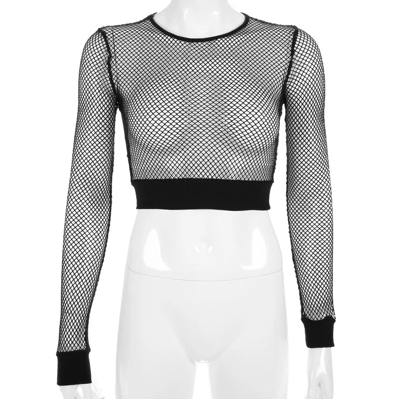 Sexy Black Hollow Out Mesh T-Shirt Female Skinny Crop Top 2024 New Fashion Summer Basic Tops For Women Fishnet Shirt