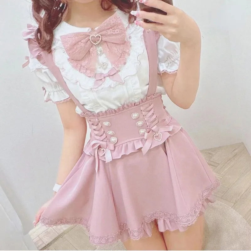 Japanese Gothic Lolita Ribbon Short Suspender plaid Skirt Girls Sweet Cute Lace A-Line Mini Skirts summer2025 black solid kawaii