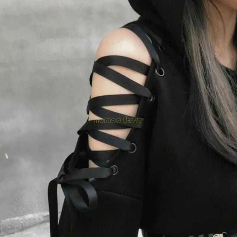 31BF Womens for Cat Ears Long Sleeve Hoodies Hollow Out Cold Shoulder Lace-Up Loose Crop Top Harajuku Graphic Sweatshirt