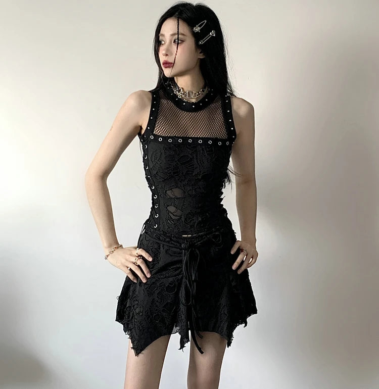 Gothic Y2k 2 Piece Set Hollow Out Lace Spliced Tank Crop Top Women Lace-up Waisted Irregular Mini Skirt 2025 Aesthetic Harajuku