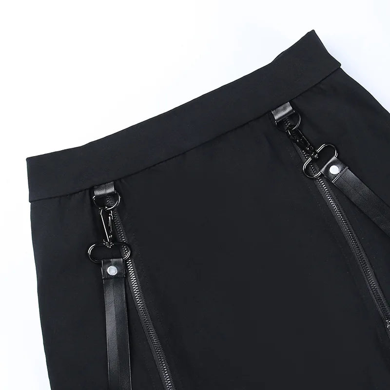 Gothic Zip Split Sexy Women Mini Skirts Grunge Strap Black High Waist Pencil Skirt Punk E-girl Alt Party Clubwear