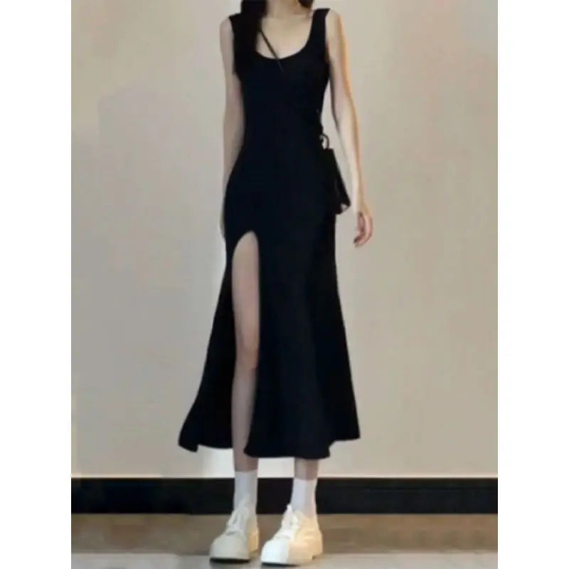 Queen Style Black Split Maxi Dress - Slim Fit Strappy