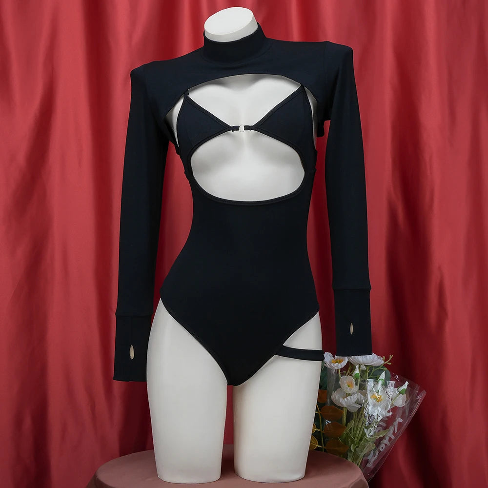 Alluring Black Hollow Bodysuit | Backless Long Sleeve Lingerie
