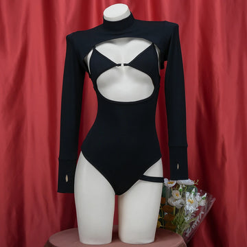 Alluring Black Hollow Bodysuit | Backless Long Sleeve Lingerie