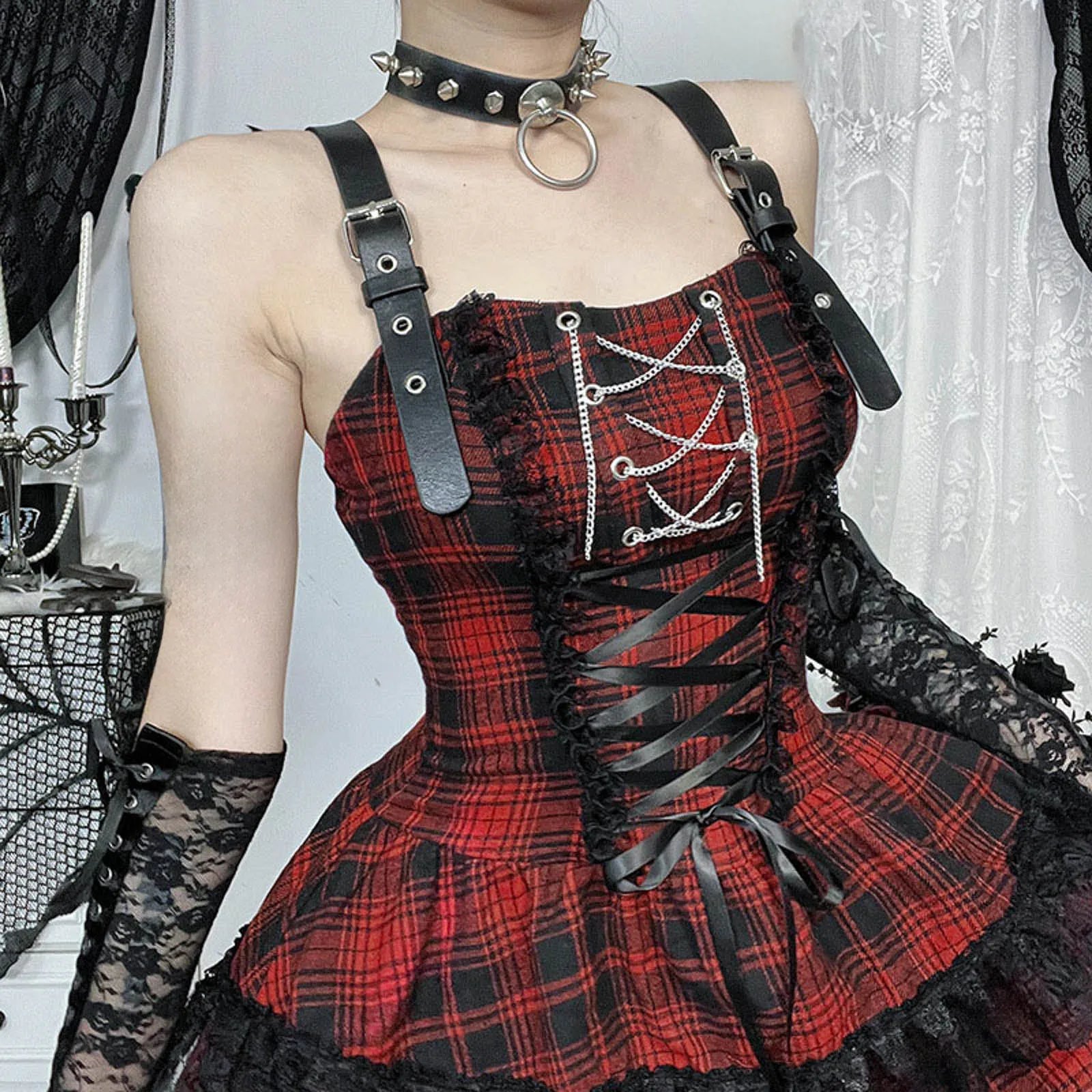 Y2K Gothic Plaid Lace Party Dress | Women's Halloween Style