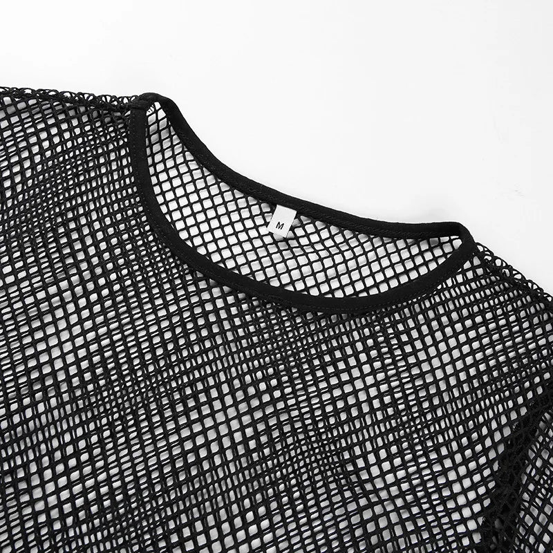 Sexy Black Hollow Out Mesh T-Shirt Female Skinny Crop Top 2024 New Fashion Summer Basic Tops For Women Fishnet Shirt