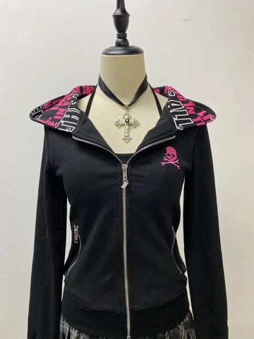 Vintage 90s Gothic Zip Up Hoodie Skull Y2K Slim Fit Jacket