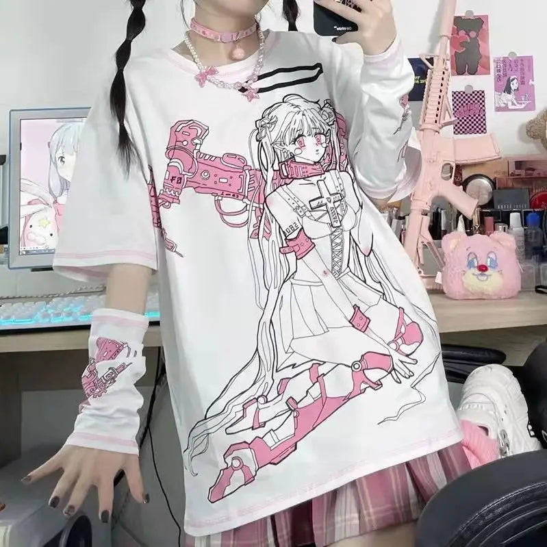 Japanese Two-dimensional Space Cartoon Print Tshirts Women O-neck Short Sleeve Kawaii Loose Top Aesthetic Grunge Y2k Fairy Tee