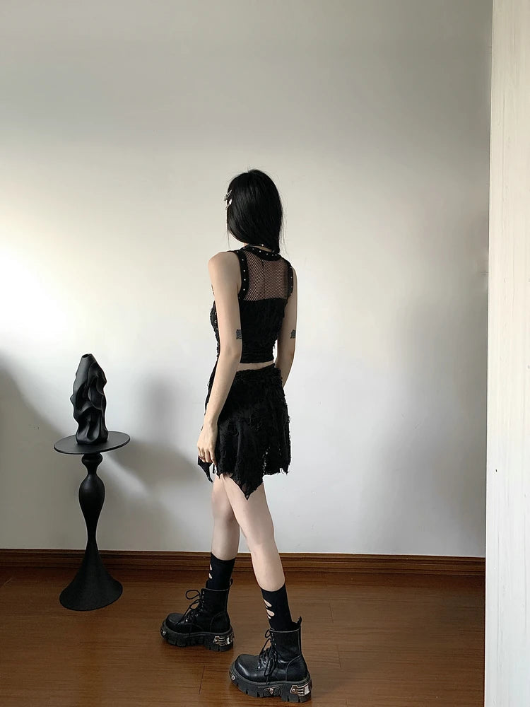 Gothic Y2k 2 Piece Set Hollow Out Lace Spliced Tank Crop Top Women Lace-up Waisted Irregular Mini Skirt 2025 Aesthetic Harajuku