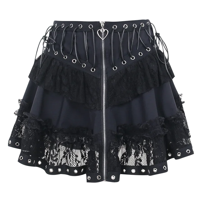 Black Women Punk High Waisted Goth Skirt Sexy Pleated Mini Skirt with Chain E Girl Lace-Up Tie PU Leather Corset Y2K Crop Tops