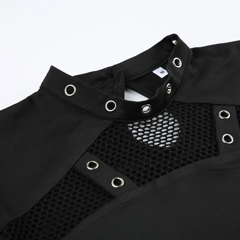 Goth Dark Techwear Cyber Gothic Fishnet Patches T-shirts Punk Grunge Hollow Out Skinny Crop Tops Black Eyelet Fashion Alt Clothe