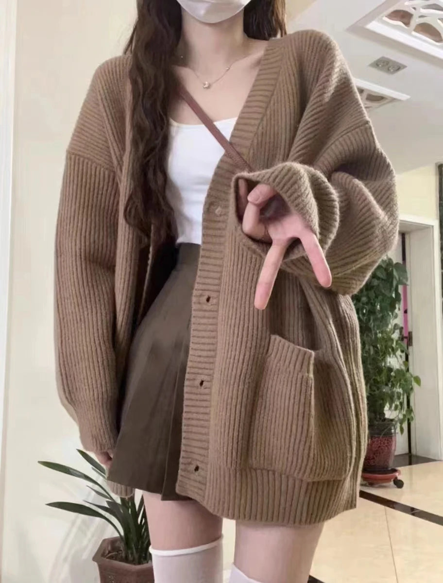 Gray Mid-Length Knitted Sweater Coat Women's Autumn Outerwear Japanese Lazy Vintage Milk System Soft Cozy Open Cardigan