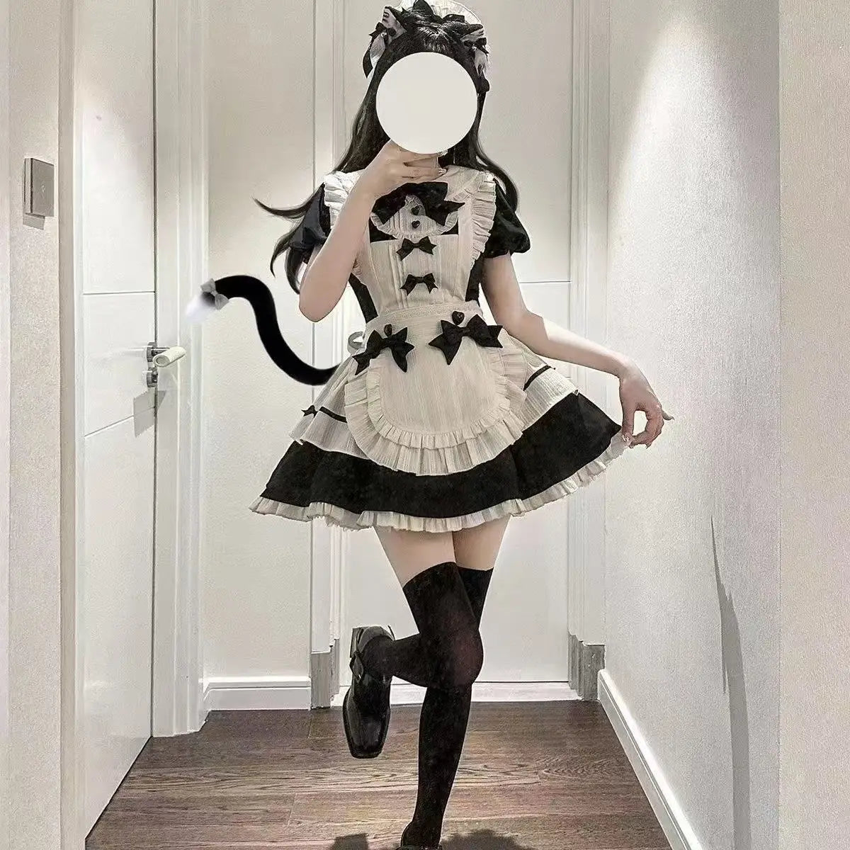 Autumn Japanese Women's Puff Sleeve Doll Collar Dress and Bowknot Apron Vintage Set Cute Lolita Maid Style Sweet Two-piece Set