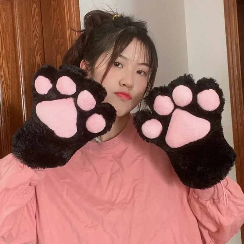 Cute Plush Cat Claw Gloves Large Size Women Halloween Christmas Party Cosplay Girls Winter Plush Fluffy Warm Full Finger Mitten