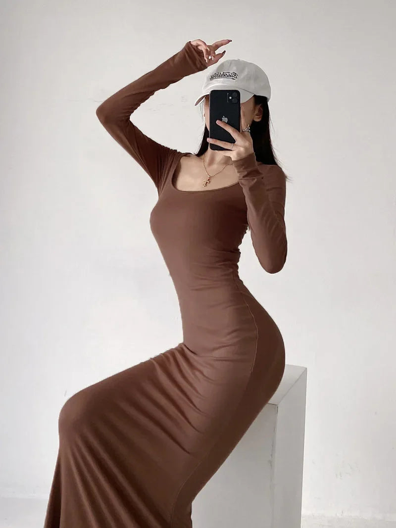 Elegant High-Waisted Fishtail Long Dress - Slimming Autumn Chic