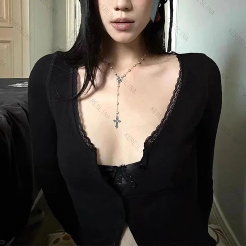 Sexy sweet spicy girls style lace button thin cardigan top spring and autumn casual high street slim fit female cardigan top emo
